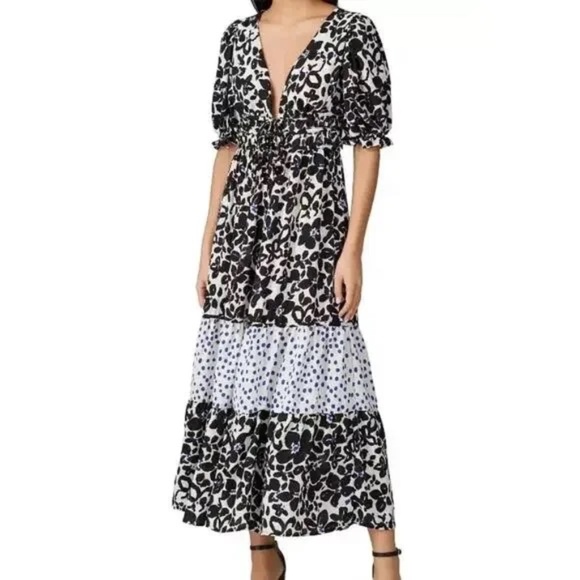 LOVE, WHIT by Whitney Port Dress - Black, White, Blue V-Neck Floral Puff Sleeve - Picture 1 of 5